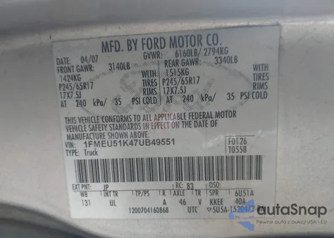 2007 Ford Explorer Sport Trac Xlt из США, поврежденный, VIN 1FMEU51K47UB49551